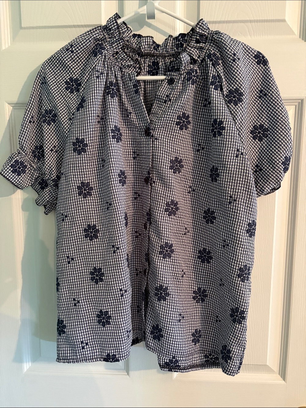 Women’s Blue Floral Gingham Short Sleeve Blouse